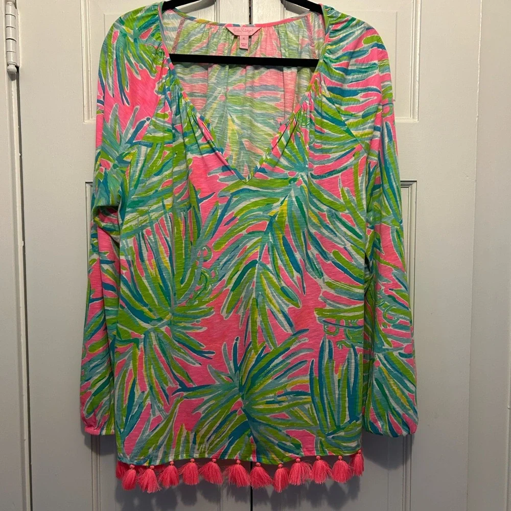 Lilly Pulitzer Women's Leaf Print Long Sleeve Top - Pink and Green - Picture 2 of 5